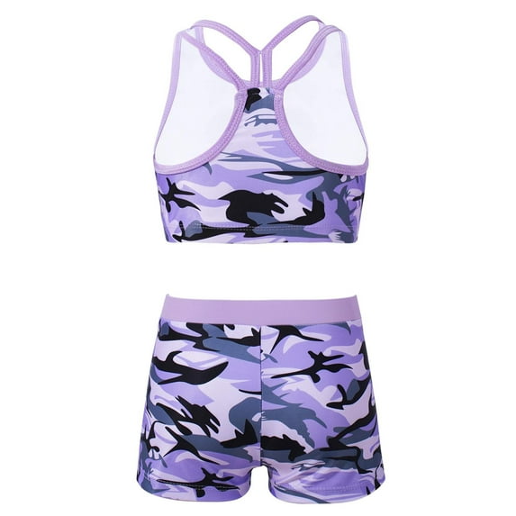 YUUMIN Kids Girls Camouflage Gymnastics Dance Swim 2 Pcs Outfit Racer Straps Crop Top with Shorts Swim Tankini Camouflage Purple 10