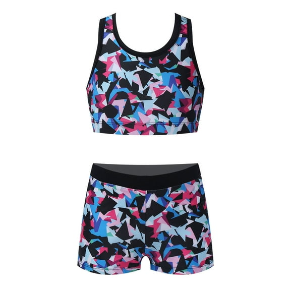 YUUMIN Kids Girls Camouflage Gymnastics Dance Swim 2 Pcs Outfit Racer Straps Crop Top with Shorts Swim Tankini Colorful 12