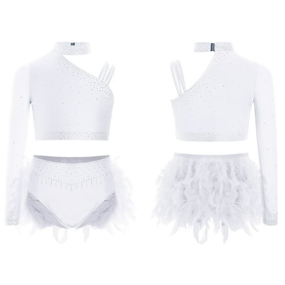 YUUMIN Kids Girls Crop Tank Tops with Feather Skirted Briefs Set Modern Latin Jazz Ballroom Dance Costume White 14