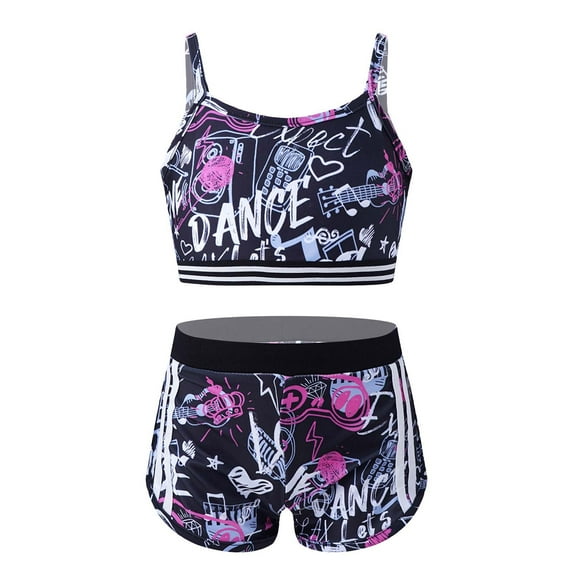 YUUMIN Kids Girls Floral 2 Pieces Gymnastics Dance Sports Outfit Spaghetti Straps Crop Top with Shorts Balck&Rose Red 12