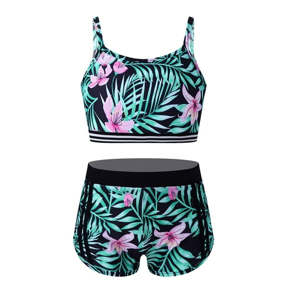 YUUMIN Kids Girls Floral 2 Pieces Gymnastics Dance Sports Outfit Spaghetti Straps Crop Top with Shorts Green Lily 12