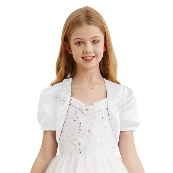 YUUMIN Kids Girls Flower Girl Satin Shrug Bolero Cardigan Short Jacket for Wedding Party Bridesmaid White 8
