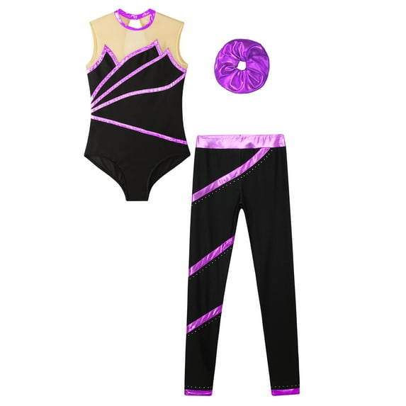 YUUMIN Kids Girls Gymnastics Dance Leotard Outfits Metallic Striped Bodysuit Tank Top with Pants Hair Purple 10