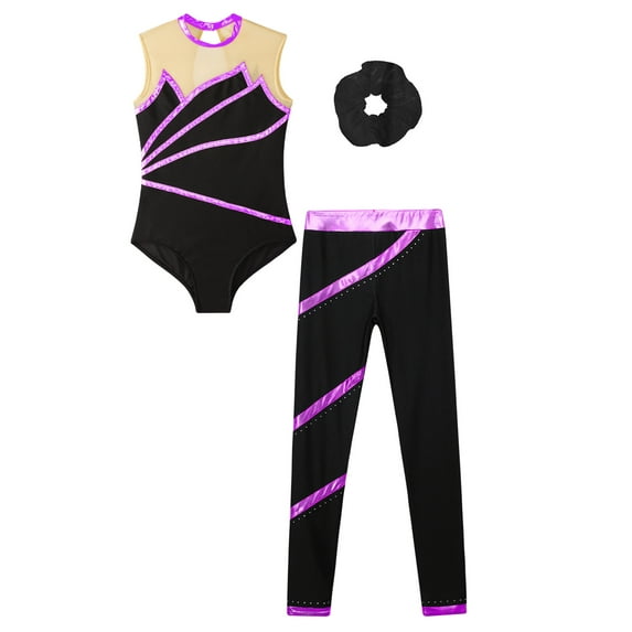 YUUMIN Kids Girls Gymnastics Dance Leotard Outfits Metallic Striped Bodysuit Tank Top with Pants Hair Purple&Black 14
