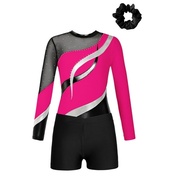 YUUMIN Kids Girls Gymnastics Leotards with Shorts Tumbling Dance Bodysuit Color Block Biketards 6-16 Years Hot Pink&Black 16