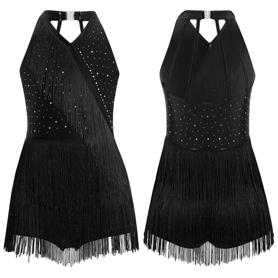 YUUMIN Kids Girls Halter Fringe Gymnastics Leotard Latin Dance Jumpsuit Shiny Rhinestone Ballroom Dancewear Black 12