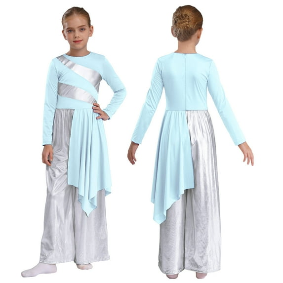 YUUMIN Kids Girls Liturgical Lyrical Praise Dance Jumpsuit Worship Gown Robe with Metallic Wide Leg Pants Set Light Blue 12