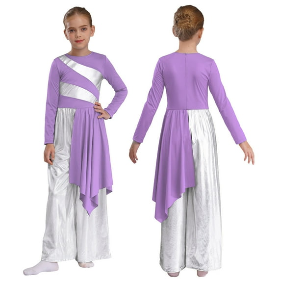 YUUMIN Kids Girls Liturgical Lyrical Praise Dance Jumpsuit Worship Gown Robe with Metallic Wide Leg Pants Set Light Purple 14