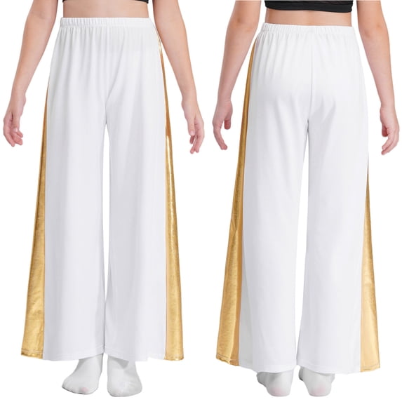 YUUMIN Kids Girls Liturgical Praise Dance Pants Metallic Palazzo Wide Leg Pants Church Choir Performance Trousers White 8