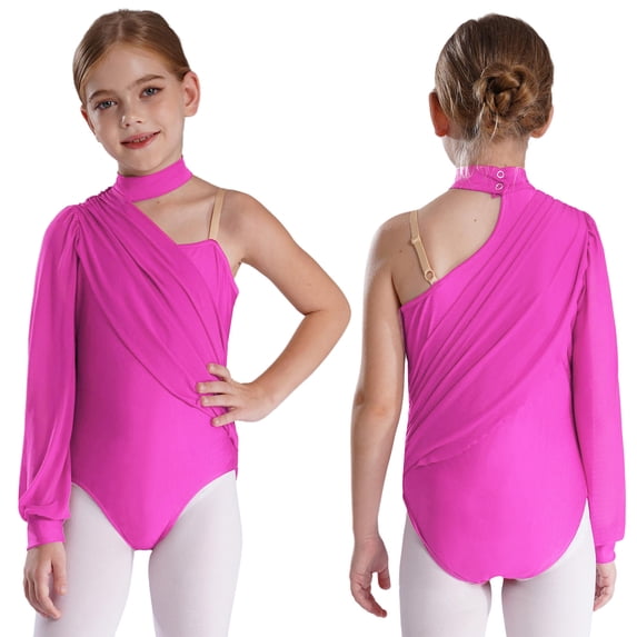YUUMIN Kids Girls Long Sleeve One Shoulder Mesh Ballet Dance Leotard Bodysuit Modern Contemporary Dancewear Hot Pink 8