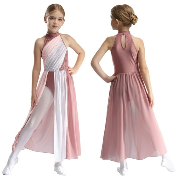 YUUMIN Kids Girls Lyrical Dance Dresses Modern Jazz Ballet Dancewear Ballerina Outfits Gymnastics Leotard Dusty Pink 10