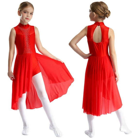 YUUMIN Kids Girls Lyrical Dance Dresses Outfits Gymnastics Skirted Leotard Contemporary High-Low Tutu Skirt Red 10
