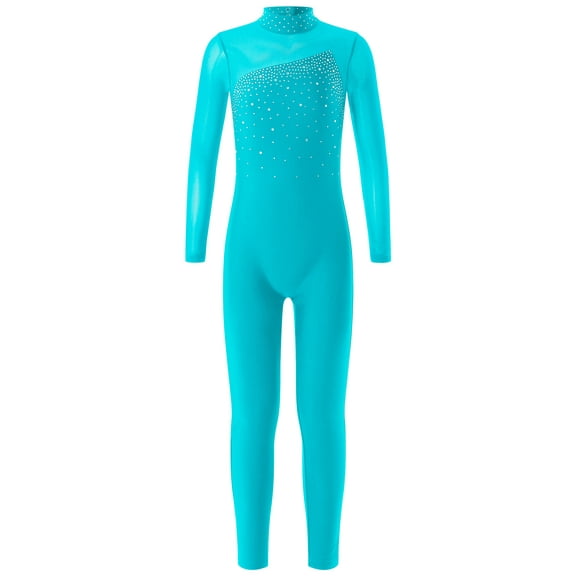 YUUMIN Kids Girls Mock Neck Long Sleeve Skating Unitard One Piece Bodysuit Catsuit Gymnastics Ballet Lake Blue 6