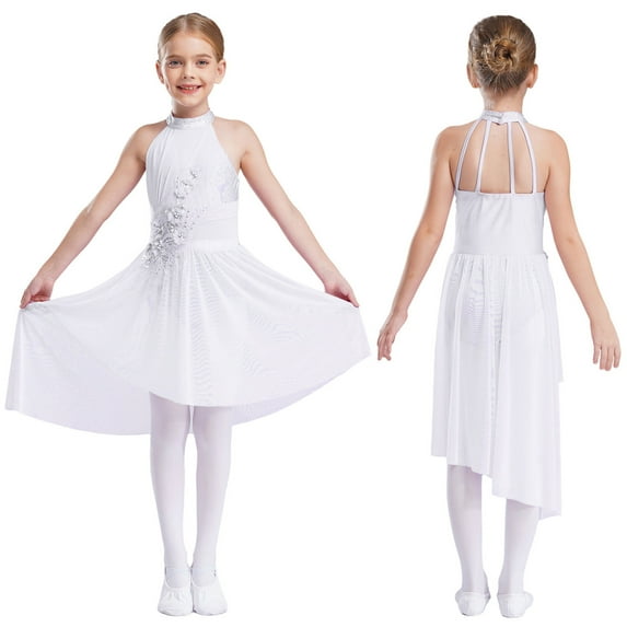 YUUMIN Kids Girls Rhinestone Figure Skating Dress Lyrical Ballet Gymnastics Leotard Dress Dancing Clothes Ivory 16