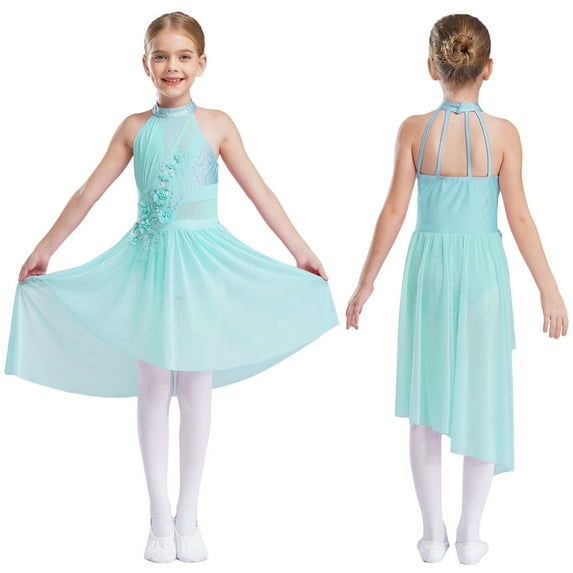 YUUMIN Kids Girls Rhinestone Figure Skating Dress Lyrical Ballet Gymnastics Leotard Dress Dancing Clothes Light Blue 8