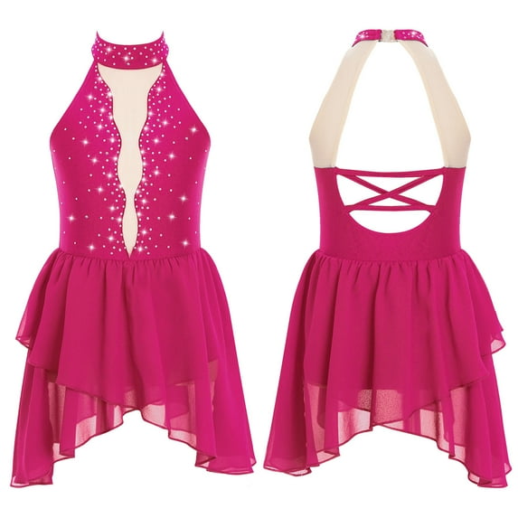 YUUMIN Kids Girls Rhinestone Sleeveless Mock Neck Figure Ice Skating Dress Ballet Skirted Leotard Competition Costume Hot Pink 6