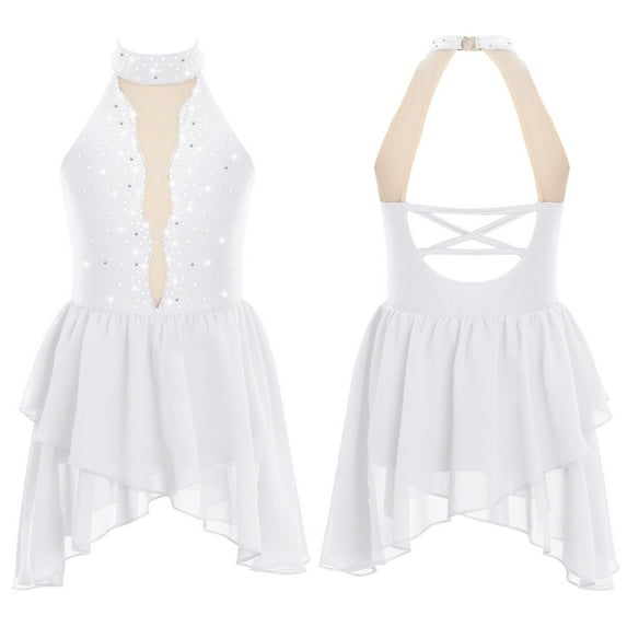 YUUMIN Kids Girls Rhinestone Sleeveless Mock Neck Figure Ice Skating Dress Ballet Skirted Leotard Competition Costume White 14