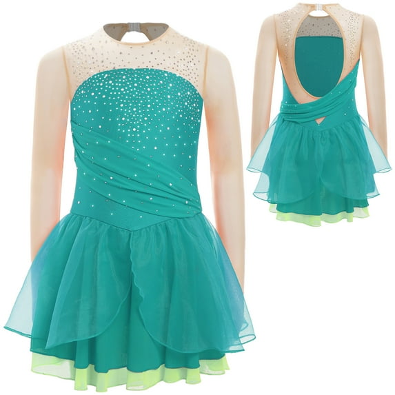 YUUMIN Kids Girls Shiny Rhinestone Figure Ice Skating Dress Ballet Dance Leotard Dress Lyrical Dancewear Green 16