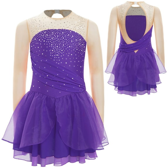 YUUMIN Kids Girls Shiny Rhinestone Figure Ice Skating Dress Ballet Dance Leotard Dress Lyrical Dancewear Purple 10
