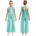 thumbnail image 1 of YUUMIN Kids Girls Shiny Rhinestone Sleeveless Wide Leg Jumpsuit Gymnastics Dance Bodysuit Tumbling Leotards Light Green 6, 1 of 6