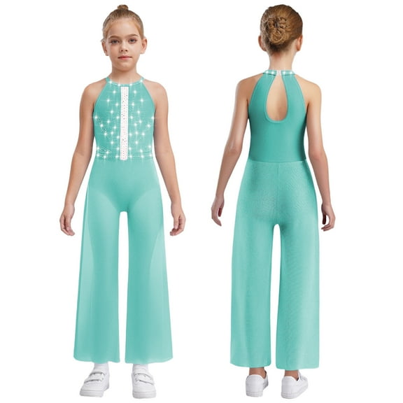 YUUMIN Kids Girls Shiny Rhinestone Sleeveless Wide Leg Jumpsuit Gymnastics Dance Bodysuit Tumbling Leotards Light Green 6