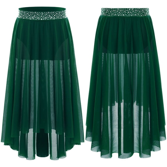 YUUMIN Kids Girls Shiny Rhinestone Split High Low Mesh Skirts Lyrical Contemporary Modern Ballet Dance Skirts Green 14