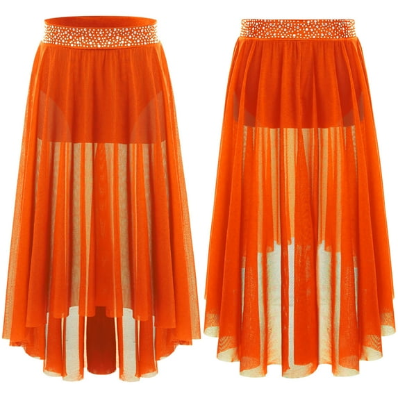 YUUMIN Kids Girls Shiny Rhinestone Split High Low Mesh Skirts Lyrical Contemporary Modern Ballet Dance Skirts Orange 16