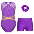 thumbnail image 1 of YUUMIN Kids Girls Sleeveless Gymnastics Leotard Tumbling Bodysuit Biketard with Dance Shorts Hair Tie Set Purple 12, 1 of 5