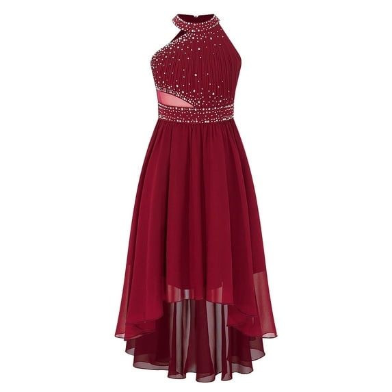 YUUMIN Kids Girls Sleeveless Halter Ruched Wedding Bridesmaid Dress Shiny Rhinestone Flower Girl Burgundy 10