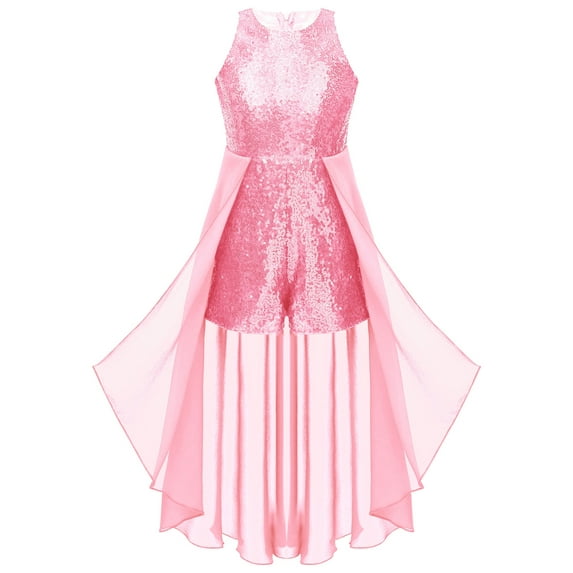 YUUMIN Kids Girls Sleeveless Sequined Flower Girl Birthday Party Maxi Dress Jumpsuit Pageant Dancing Pink 16