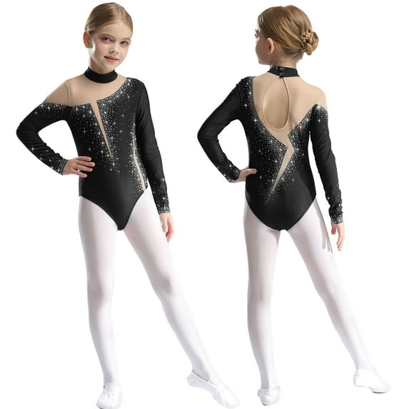 YUUMIN Kids Girls Sparkle Gymnastics Leotards Bodysuits Long Sleeve Mock Neck Jumpsuit for Stage Show Black 8