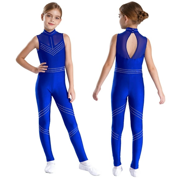 YUUMIN Kids Girls Turtleneck Unitard Full Body Catsuit Sleeveless Dance Leotard Sparkly Costume One Piece Blue 14