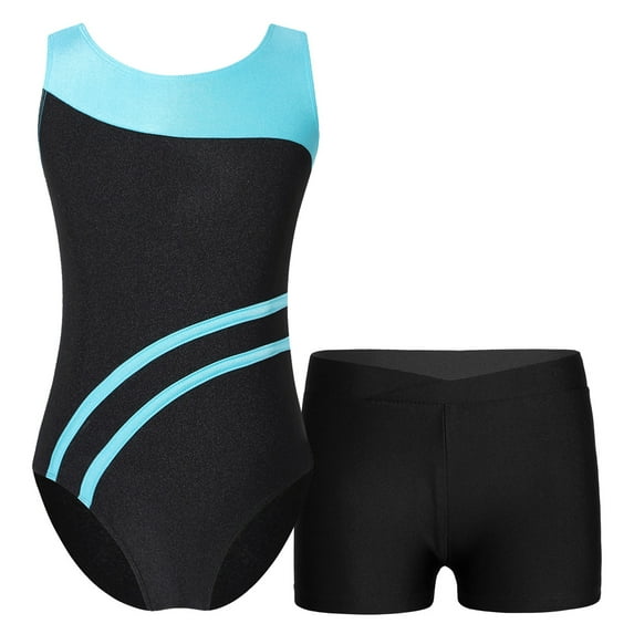 YUUMIN Kids Girls Two Pieces Gymnastics Outfits Dance Ballet Sleeveless Leotard with Shorts Athletic Blue Green&Black 4