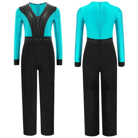 YUUMIN Kids Latin Tumbling Dance Leotard Full Length Jumpsuit Boys Gymnastics Skating Unitard Ballet Leotard Blue Green 8