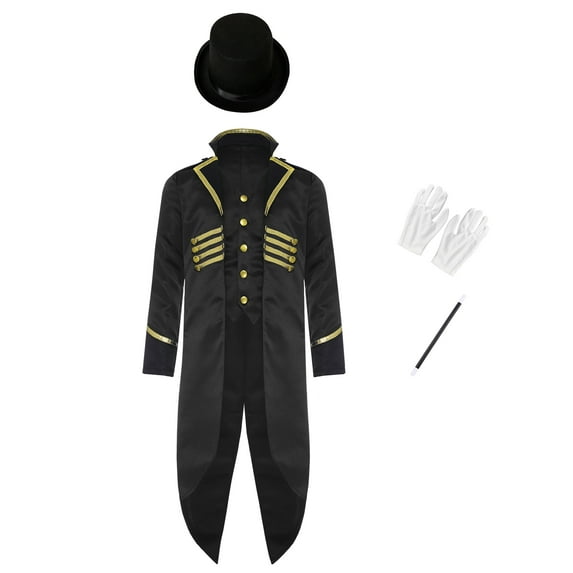 YUUMIN Kids Vintage Victorian Medieval Steampunk Tailcoat with Hat Gloves Magic Wand Magician Outfits Black 6