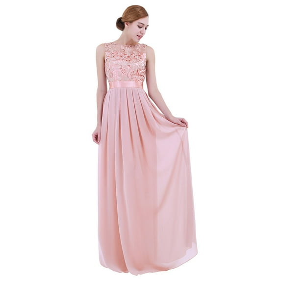 YUUMIN Ladies Floral Lace Chiffon Bridesmaid Long Maxi Dress Wedding Birthday Cocktail Party Gown Pearl Pink 6