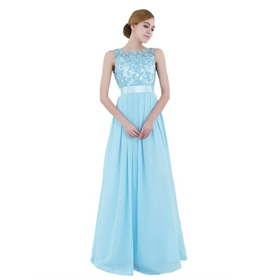 YUUMIN Ladies Floral Lace Chiffon Bridesmaid Long Maxi Dress Wedding Birthday Cocktail Party Gown Sky Blue 10