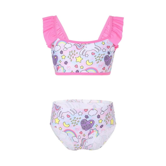 YUUMIN Little Girls 2 Pcs Mermaid Bikini Sets Ruffles Shoulder Fishscales Printed Crop Top with Brief Swimsuits Pegasus Colorful 12
