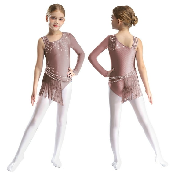 YUUMIN Lyrical Dance Dress for Girls Ballroom Tassel Latin Dance Costume Modern Jazz Ballet Skirted Leotard Dusty Pink 6