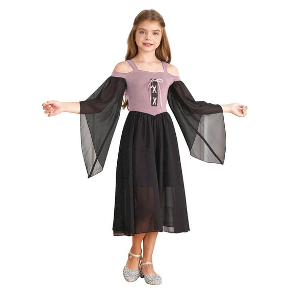 YUUMIN Medieval Renaissance Halloween Dress-up for Girls Off Shoulder Chiffon Pastorale Maxi Gown Orange Pink 10