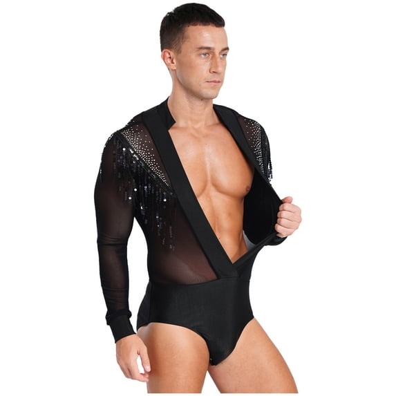 YUUMIN Men's Shiny Latin Dance Shirt Leotard Sheer Mesh Ballroom Figure Skating Romper Bodysuit Black XXL