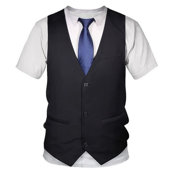 YUUMIN Mens Tuxedo Novelty T-Shirt Short Sleeve Suit Vest 3D Tie Printed Shirt Top Party Wedding Black S