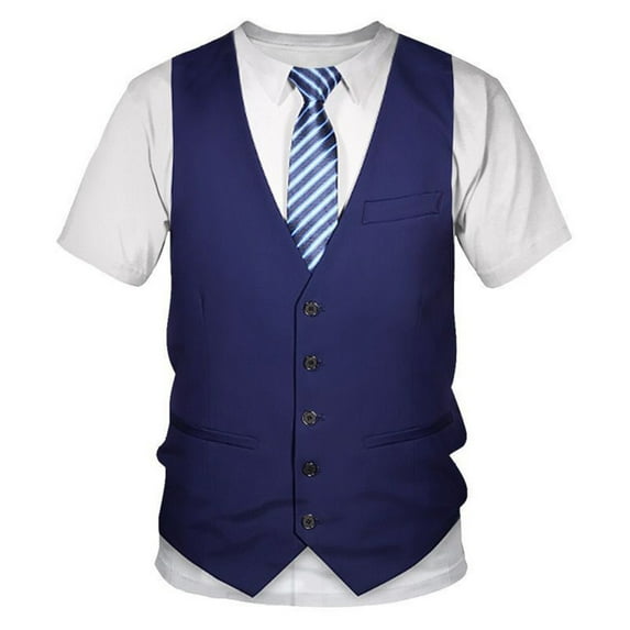 YUUMIN Mens Tuxedo Novelty T-Shirt Short Sleeve Suit Vest 3D Tie Printed Shirt Top Party Wedding Blue S