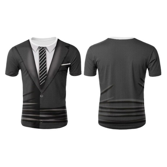 YUUMIN Mens Tuxedo Novelty T-Shirt Short Sleeve Suit Vest 3D Tie Printed Shirt Top Party Wedding Dark Gray L