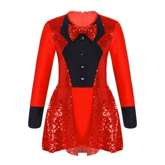 YUUMIN Ringmaster Tailcoat Halloween Dress-up for Girls Sequins Long Sleeve Leotard Jazz Dance Dress Red 4