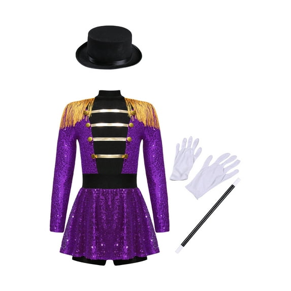 YUUMIN Shiny Showman Halloween Dress-up for Girls Sequins Biketard Dance Dress Ringmaster Circus Show Dancewear Purple-B 16