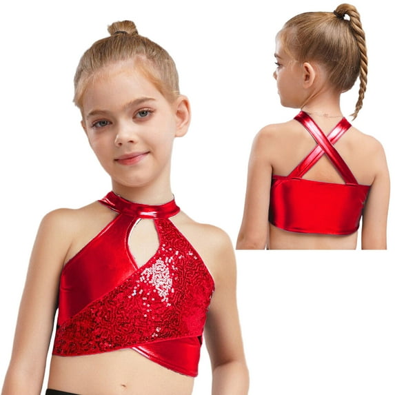 YUUMIN Toddler Girls Sparkly Vest Latin Hip Hop Jazz Dance Crop Top Metallic Ballet Performance Dancewear Red 16