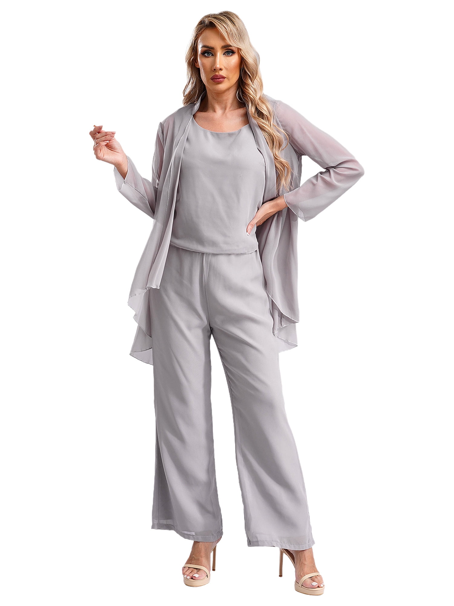 YUUMIN Women 3 PCS Chiffon Pant Formal Suit with Tank Top Draped Cardigan Mother of Bride Dress Set Gray S