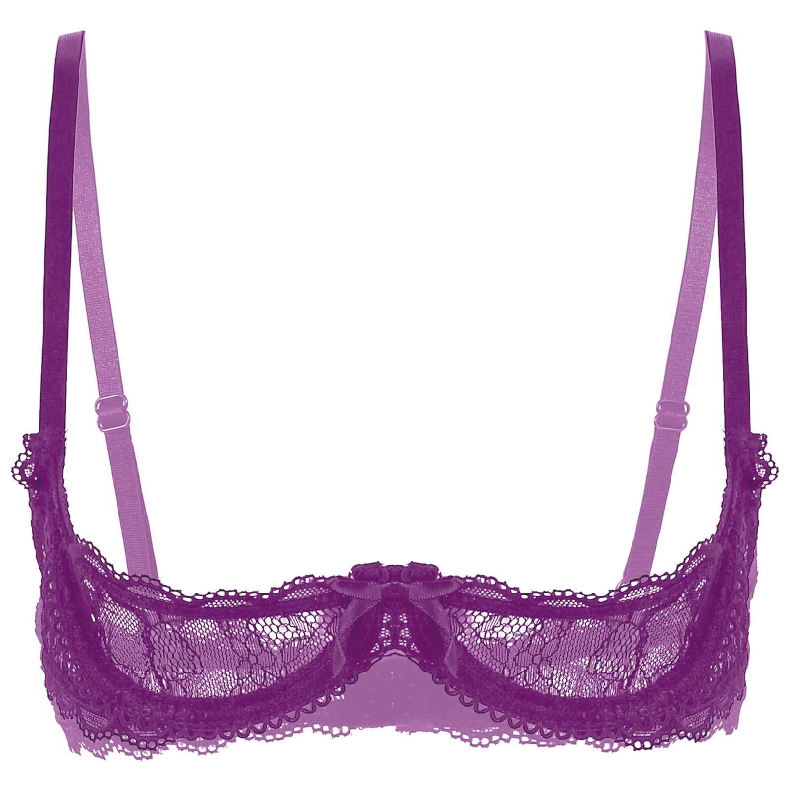 YUUMIN Women Sheer Lace 1/4 Cups Bra Exposed Breast Lingerie Underwire Push Up Tops Purple M