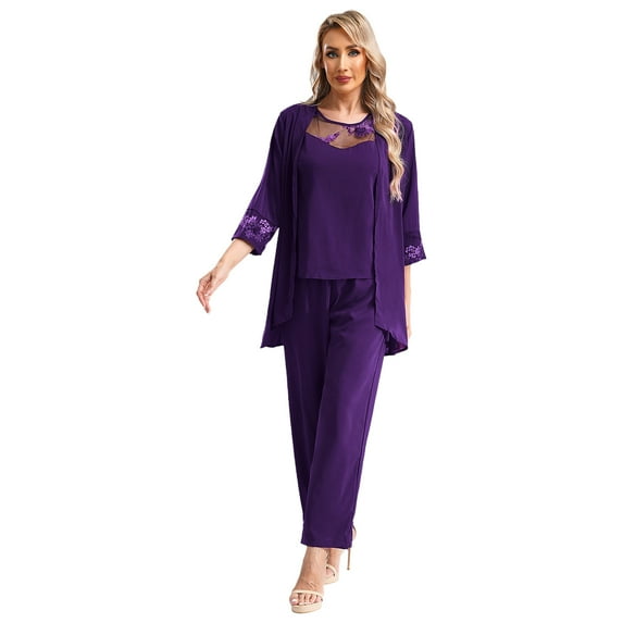 YUUMIN Women’s Mother Pant Suits Chiffon Evening Dress Outfit Set 3 Piece for Wedding Party Dress Up Purple M